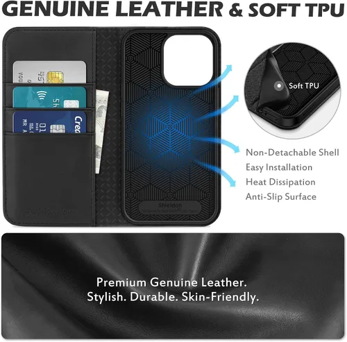 Vista 8 de SHIELDON - Funda tipo cartera de piel auténtica para iPhone 13 Pro de 6.1 pulgadas 2021, color negro Magnetic Closure, RFID Blocking, Credit Card
