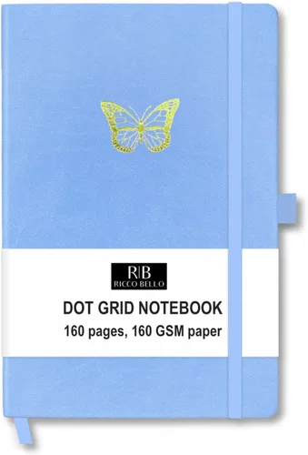 Vista 12 de RICCO BELLO Diario de cuadrícula de puntos de tapa dura, estrellas de luna negra, 5.7 x 8.4 pulgadas Diseño plano, soporte para bolígrafos, papel