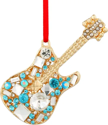 Vista 10 de D4DREAM Adorno de Navidad de guitarra, adornos colgantes de guitarra de metal para decoración de árbol de Navidad, guitarras eléctricas azules