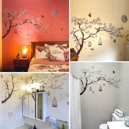 Vista 2 de Calcomanías de pared de estilo chino, árbol negro y pájaros voladores, removibles, decoración de pared, murales para niños, guardería, oficina
