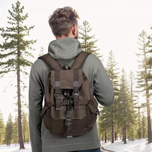 Vista 2 de Mochila de lona vintage para hombres y mujeres, mochila casual duradera, mochila de viaje adecuada para senderismo y uso diario, Café, Classic