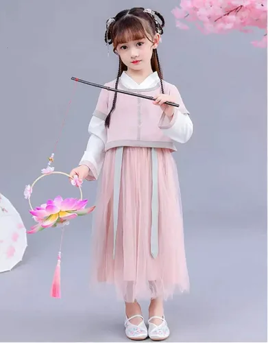 Vista 5 de Cosplay Life Vestido chino Hanfu para niñas, vestido chino de Año Nuevo, manga corta, Cheongsam bordado, traje de otoño