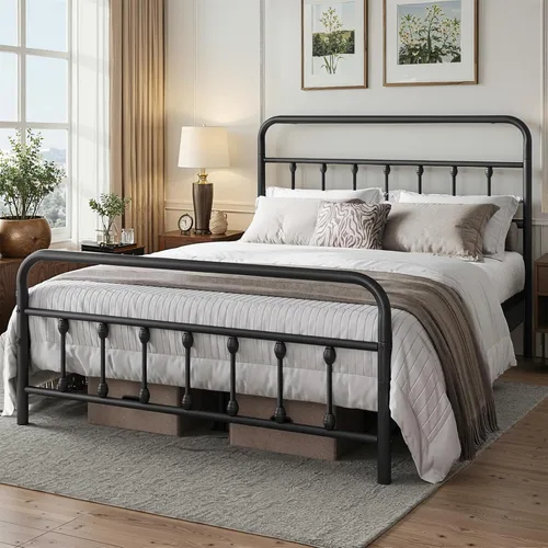 Vista 7 de Armazón de Cama Queen - Armazón de Cama de Plataforma de Metal Clásico Base de Colchón con Cabecera/Pie de Cama de Arte de Hierro