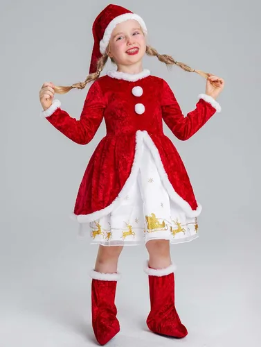 Vista 5 de AlecosFun Conjunto de vestido de Navidad para niñas disfraz de señora Santa Claus con sombrero de Navidad