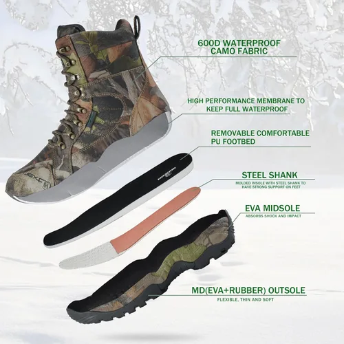 Vista 3 de Botas de caza impermeables para hombre de 8" ligeras, botas de camuflaje para senderismo aisladas, Thinsulate de 200g