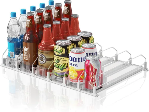 Vista 19 de Organizador de Bebidas para Refrigerador, 12oz 16oz 20oz - Dispensador de Latas de Refresco para Refrigerador, Ancho Ajustable, Deslizador Negro