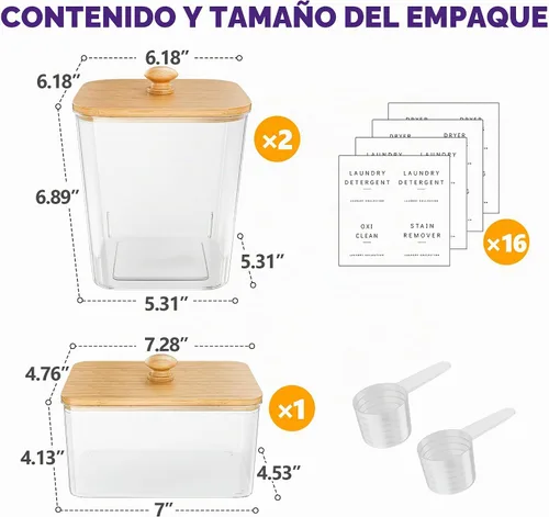 Vista 2 de Moforoco Paquete de 2+1 contenedor de bambú para lavandería, contenedores transparentes para organización de lavandería, recipientes grandes