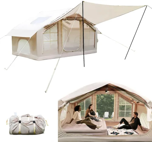 Vista 11 de Tienda de campaña inflable con toldo, tienda de campaña para 4 a 6 personas, 4 estaciones, instalación rápida de 5 minutos, impermeable, resistente