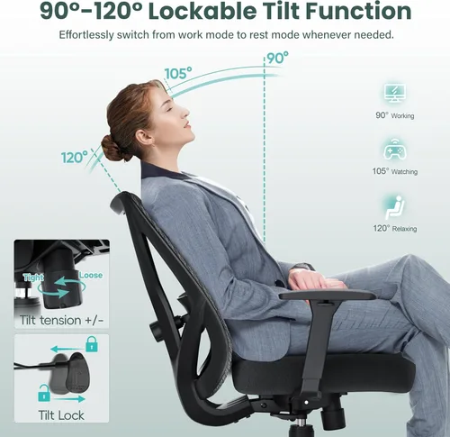 Vista 8 de Silla de oficina ergonómica, sillas de escritorio de malla para computadora con soporte lumbar ajustable, reposabrazos 3D, función de inclinación