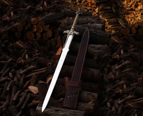 Vista 7 de Espada de Conan el Bárbaro, 42'' Espadas artesanales de acero al carbono 1095 con accesorios de latón, con espiga completa, vaina de cuero de vaca