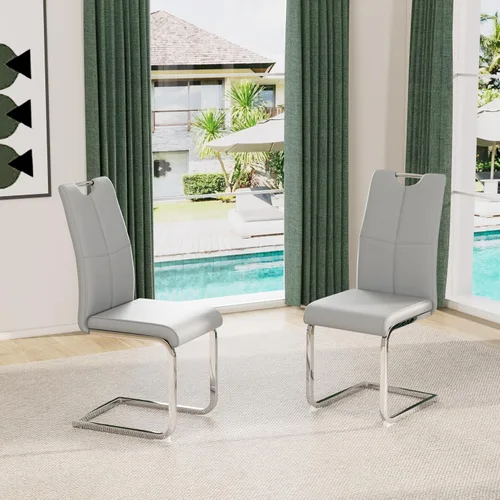 Vista 13 de Juego de sillas de comedor modernas (2 unidades) de piel sintética PU con respaldo alto tapizadas con patas doradas de metal para cocina y comedor