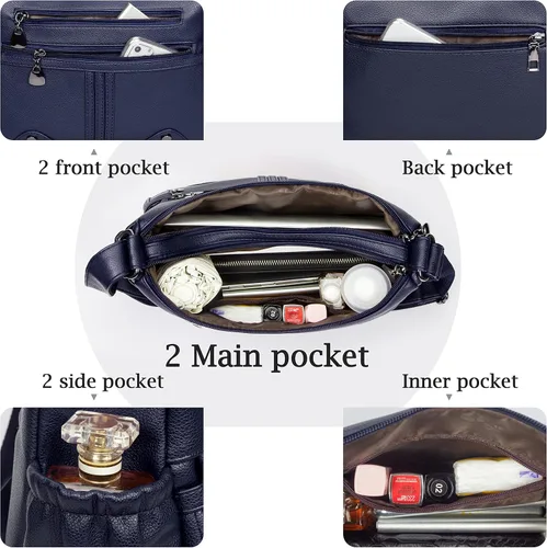 Vista 6 de Bolso bandolera de piel sintética suave para mujer, bolso cruzado con múltiples bolsillos, bolso cruzado mediano espacioso a la moda con asa superior
