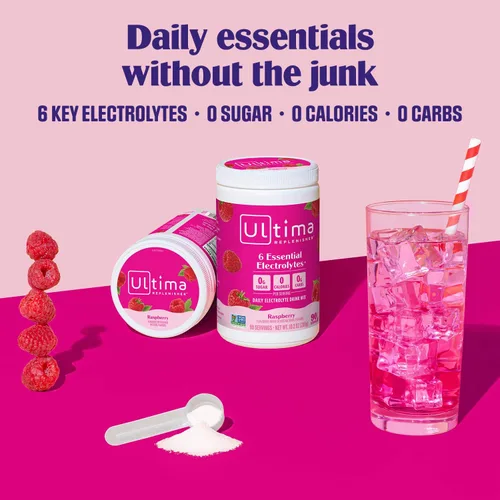 Vista 2 de Ultima replenisher Electrolyte polvo Nueva Fórmula, 33333, 1, 1 Zero Sugar Raspberry Hydration Powder with 6 Electrolytes & Minerals - Sugar Free