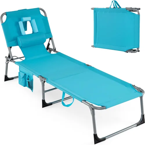 Vista 13 de Goplus Silla bronceadora, silla plegable ajustable para patio con orificio para la cara, almohada extraíble, 330 libras, correa de transporte, silla