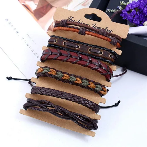 Vista 6 de Juego de joyas de oro rosa, pulsera de cuero, joyería tejida a mano, pulseras trenzadas de múltiples capas (negro, talla única)