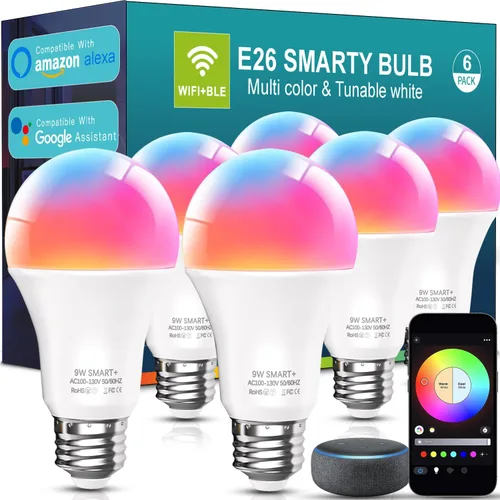 Vista 7 de luckystyle Bombillas inteligentes, 9 W, A19, E26, 800 lúmenes, WiFi, Bluetooth, bombillas LED compatibles con Alexa, Google Assistant y Home, 16