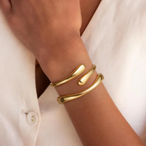Vista 3 de Brazaletes de oro, para mujer, modernos, chapados en oro de 18 quilates, juego de brazaletes gruesos de oro, no se deslustra, impermeable, regalos