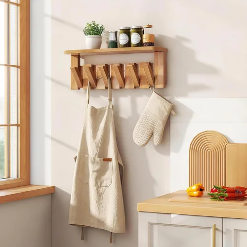 Vista 7 de YMYNY Perchero de pared montado en pared con estante, estante de pared con ganchos retráctiles, perchero de pared de madera para colgar Natural