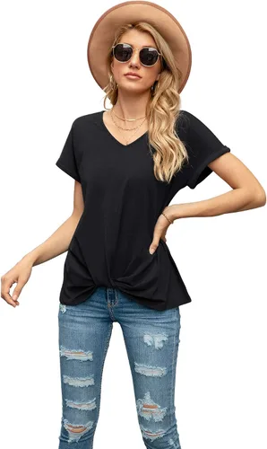Vista 5 de Iandroiy Blusas de verano cómodas y casuales de manga corta con cuello en V para mujer, camisetas con nudo torcido