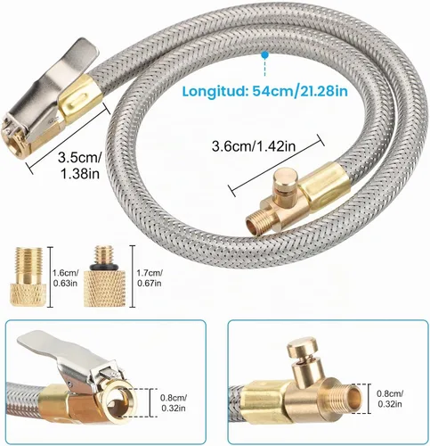 Vista 2 de Linkstyle Manguera de Extensión para Inflador de Neumáticos de 21", Adaptador con Boquilla de Aire de Bloqueo y Conexión Rápida para Compresor