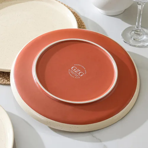 Vista 5 de GZG Juego de 4 platos llanos de cerámica, platos de cerámica moteada de 10.25 pulgadas con base en tono arcilla, platos de cerámica grandes