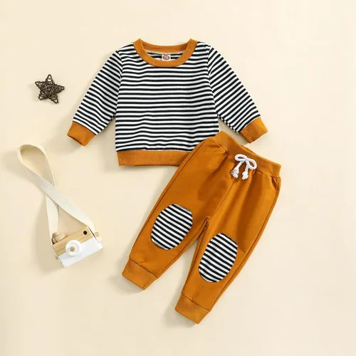 Vista 2 de Ropa de otoño e invierno para niña pequeña, cuello redondo, manga larga, estampado a rayas, camiseta de verano para bebé