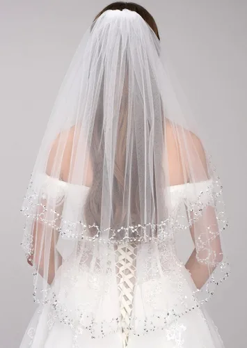 Vista 5 de malishow 2 niveles velo de novia lentejuelas con cuentas borde perla Bling velos de novia