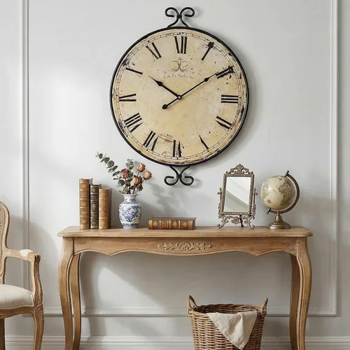 Vista 7 de Reloj de pared de 30 pulgadas para sala de estar, reloj de pared de granja extragrande, marco de hierro forjado con acabado dorado retro, relojes
