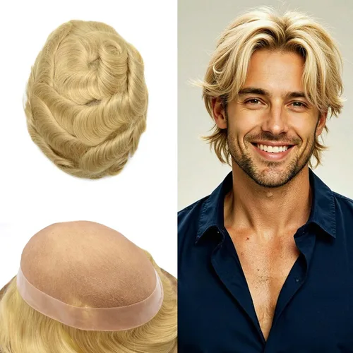 Vista 53 de Mens Toupee Hair Piece Real Human Hair Fine Mono Toupee para hombres Sistema de reemplazo de cabello para hombre Postizo Protesis Capilar Para