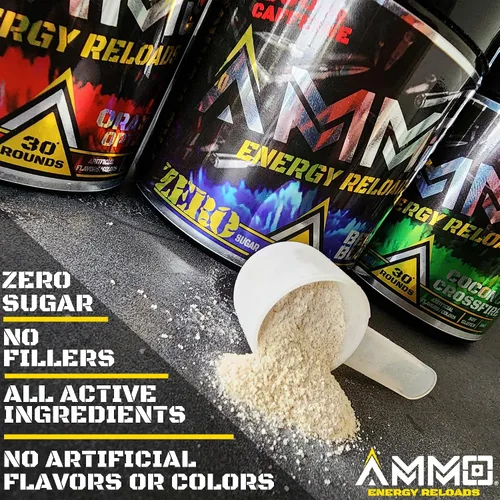 Vista 6 de AMMO ® Energy Reloads™ - Polvo de preentrenamiento, 300 mg de cafeína, cero azúcar, aminos vitales y electrolitos, sin sabores ni