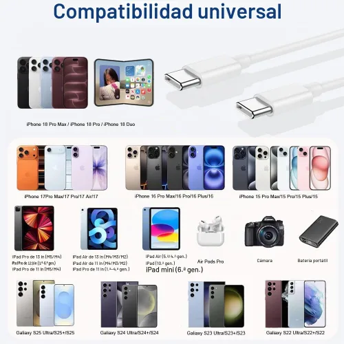 Vista 7 de Cable de carga USB C a USB C, cargador rápido de 60 W, paquete de 2 cables