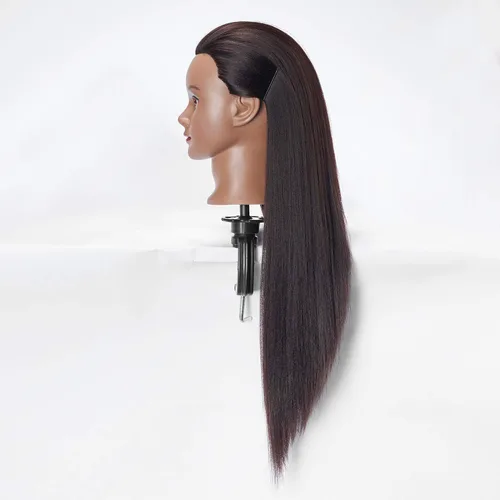 Vista 3 de 26-28" Cabeza de maniquí con cabello de fibra sintética Yaki para estilizar, cabeza de muñeca para entrenamiento de cosmetología, cabeza de maniquí