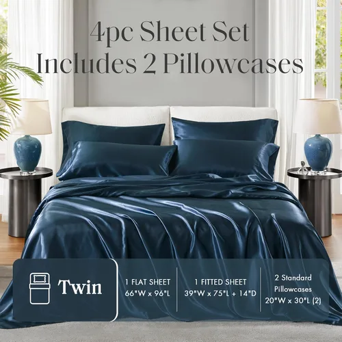 Vista 253 de Madison Park Essentials - Juego de sábanas de satén de lujo y sedoso con brillo natural, bolsillo elástico de 14 pulgadas para colchones de hasta 16