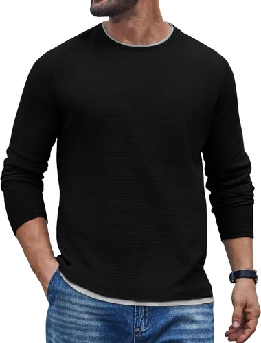 Vista 11 de COOFANDY Camisetas de manga larga para hombre, de algodón, con cuello redondo, con ribete de contraste Gris claro + ribete blanco
