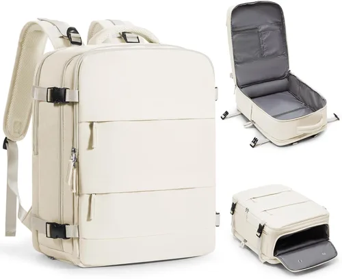 Vista 49 de Mochila de viaje grande, bolsa de mano, aprobada para aviones, para artículos personales, para hombre o mujer, color beige con marrón