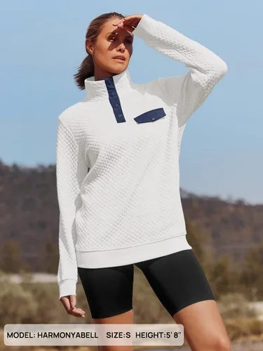 Vista 5 de MEROKEETY sudadera de manga larga con cuello en V y botones acolchados con retazos para mujer.