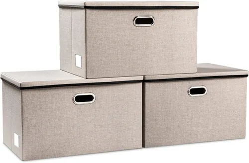 Vista 12 de PRANDOM Contenedores de almacenamiento con tapas [paquete de 3] cajas de almacenamiento plegables de tela de lino, canastas organizadoras, cubos