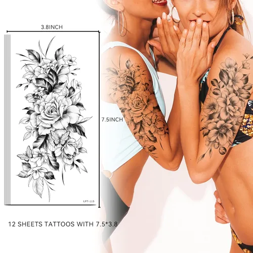 Vista 6 de EMOME 12 hojas de tatuajes temporales sexys para mujeres, flores de medio brazo, manga de tatuajes falsos, calcomanías de tatuaje realistas