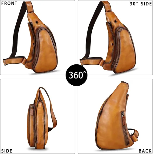 Vista 5 de Bolso de cuero genuino para mujeres y hombres, mochila de cuero retro para el pecho, bolso cruzado