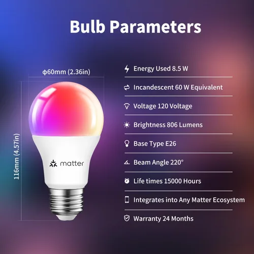Vista 8 de ANWIO Matter - Bombillas inteligentes de 8.5 W (60 W de reemplazo) Bombilla LED A19 E26 compatible con la aplicación SmartThings, Alexa, Google