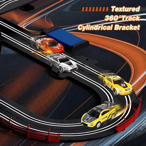 Vista 4 de Slot Car Race Track a escala 1:43 para niños, pistas LED eléctricas, doble carreras, 4 autos con faros, juguete grande, juego de pistas de regalo
