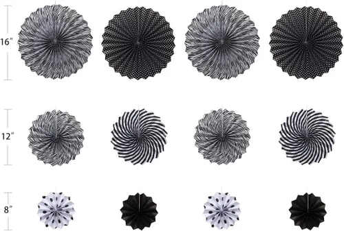 Vista 4 de ONUPGO Paper Fans - Juego de abanicos de papel para colgar en fiestas, color negro, 12 unidades, decoración de fiesta mexicana, pancarta colgante
