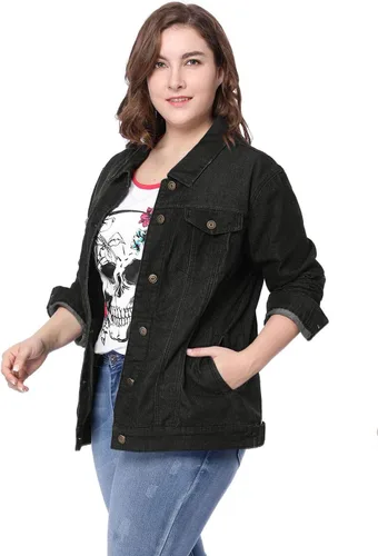 Vista 4 de uxcell Chaqueta vaquera lavada con botones de costura en talla grande para mujer