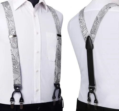 Vista 4 de HISDERN Tirantes para hombre Paisley Floral Pajarita Tirantes Bolsillo Cuadrado Conjuntos Ajustable Forma Y 6 Clips Tirantes de Boda