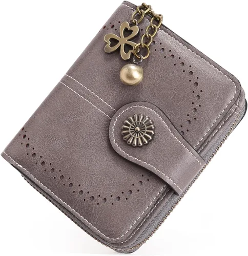 Vista 11 de Cartera pequeña para mujer, de piel, plegable, compacta, con bloqueo RFID, con bolsillo con cremallera para monedas, A01 Rojo Vino, Classic