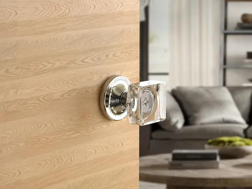 Vista 5 de Kobelle Perillas cuadradas de cristal para puerta, roseta redonda de cromo pulido
