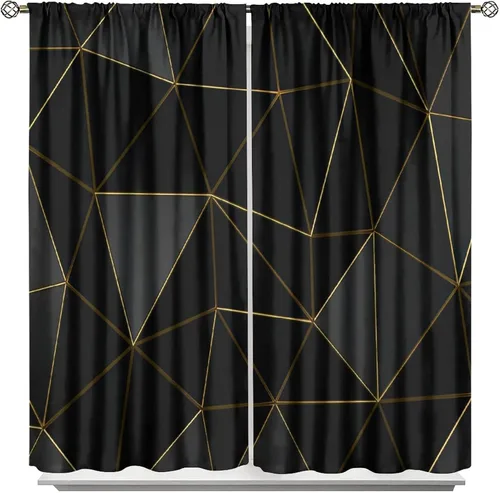 Vista 15 de Cortinas Negras con Dobladillo Dorado, Cortinas Opacas con Bolsillo para Barra con Estampado de Rayas de Foil en Onda Dorada para Decoración de Negro