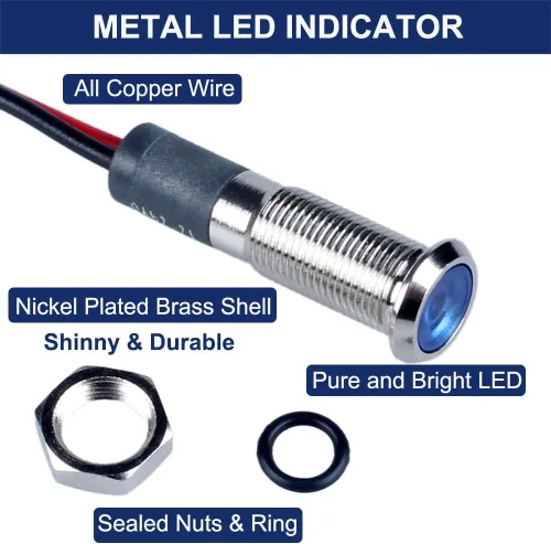 Vista 2 de 5 piezas de luz indicadora LED de 12V-24V de 6mm con orificio de montaje de 1/4" de 20mA, lámpara de señal de metal impermeable IP67 con ahorro