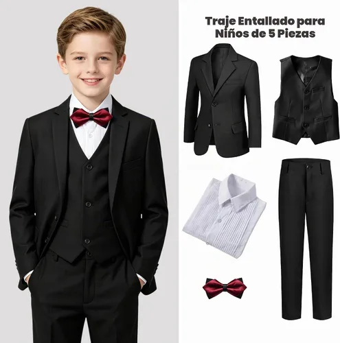Vista 2 de Boy's Formal Suit Set, Slim Fit Suits for Kids, 5 Pieces Boys Tuxedo Set Negro (pajarita).