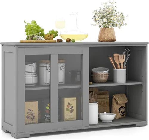 Vista 4 de Aparador de buffet compacto de 42 pulgadas con puertas correderas de vidrio y estante ajustable para comedor, sala de estar